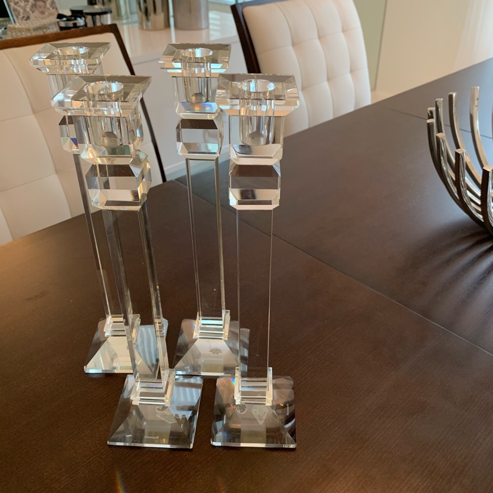 Shannon Godinger lead cut crystal candlesticks.